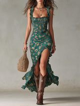 Maya™ | Boho Retro Rüschensleeves Maxikleid mit hohem Schlitz