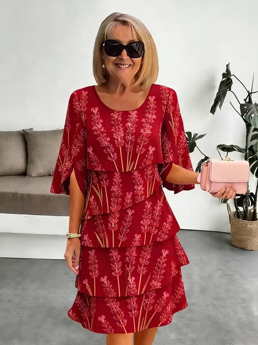Elyvane™ - Damen Floral Rüschenkleid mit mittellangen und geschlitzten Ärmeln