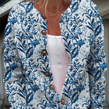 Eleganter blauer und weißer Blumenmuster-Print Knopf-Cardigan-Pullover