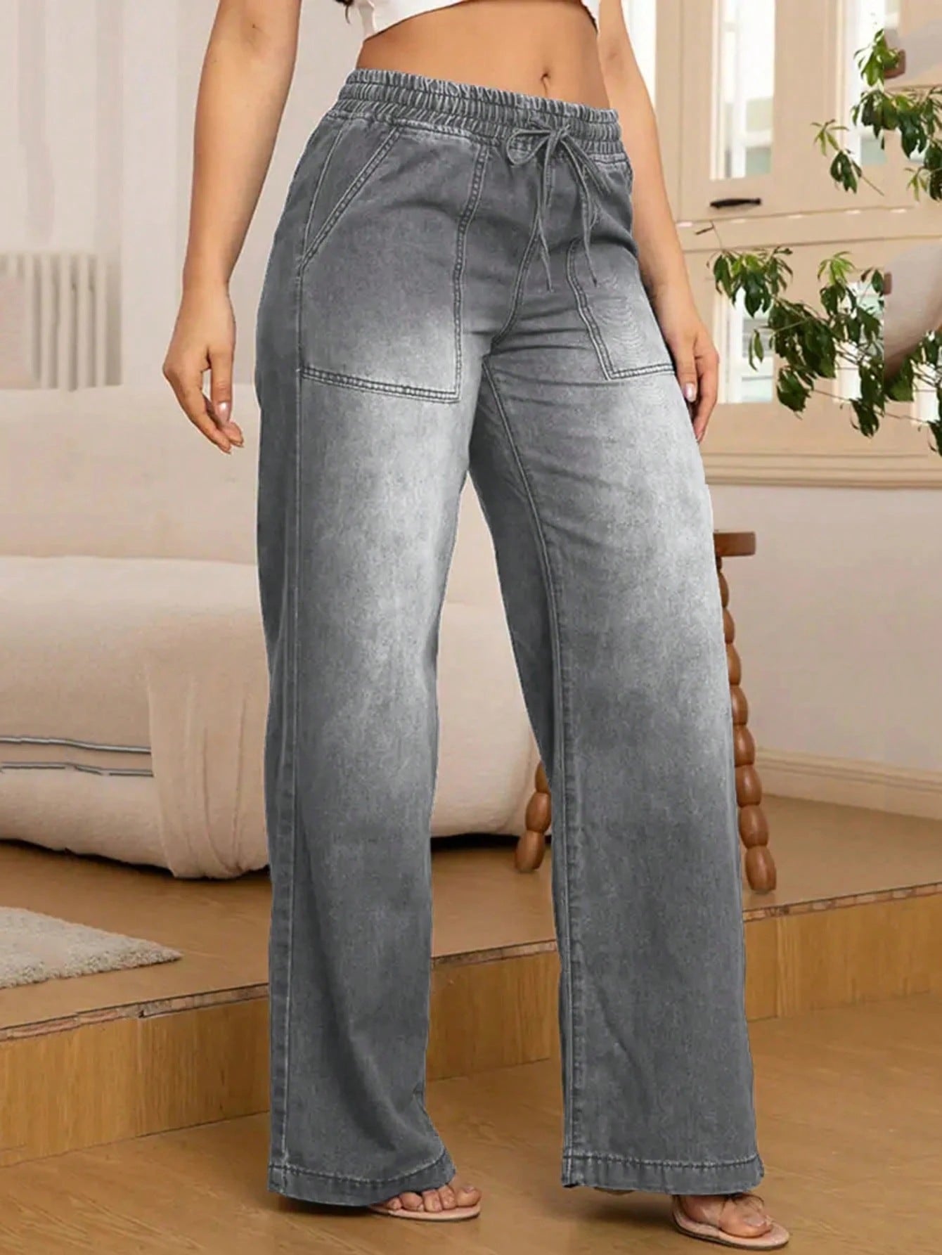 Verstellbare Kordelzug Taille Weite Bein Jeans für Frauen