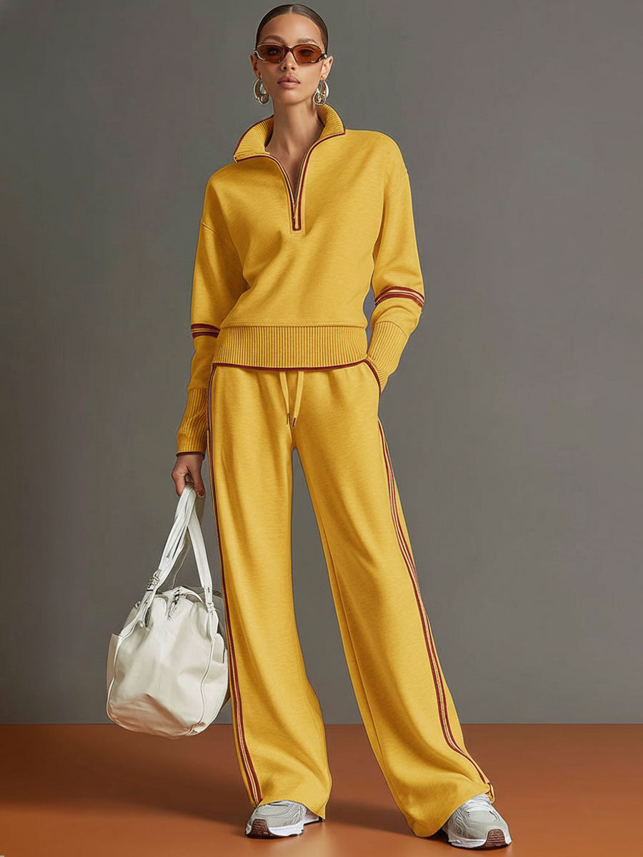 Vintage-inspirierter grauer und weißer Halbzip-Sweatshirt mit weitem Hosen-Set