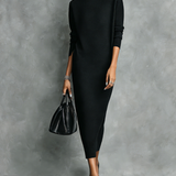 Elegantes schwarzes Strickkleid in Midi-Länge mit Rollkragen, langen Ärmeln und lockerer Passform für Damen