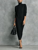 Elegantes schwarzes Strickkleid in Midi-Länge mit Rollkragen, langen Ärmeln und lockerer Passform für Damen