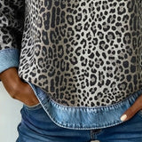 Leopardenmuster Denim Patchwork Pullover