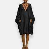 Cassienne | Damen Knielanges Kleid mit V-Ausschnitt und Taschen