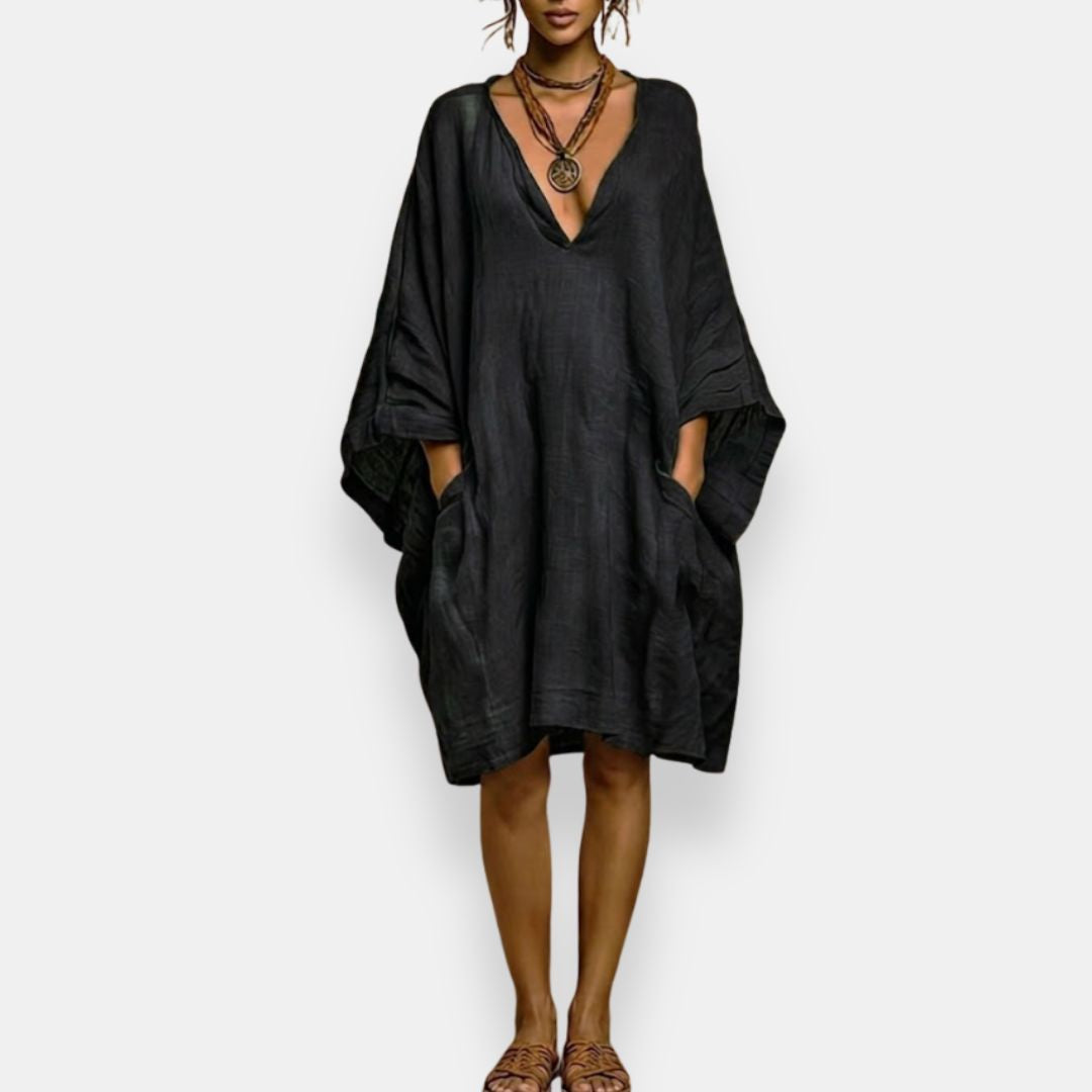 Cassienne | Damen Knielanges Kleid mit V-Ausschnitt und Taschen