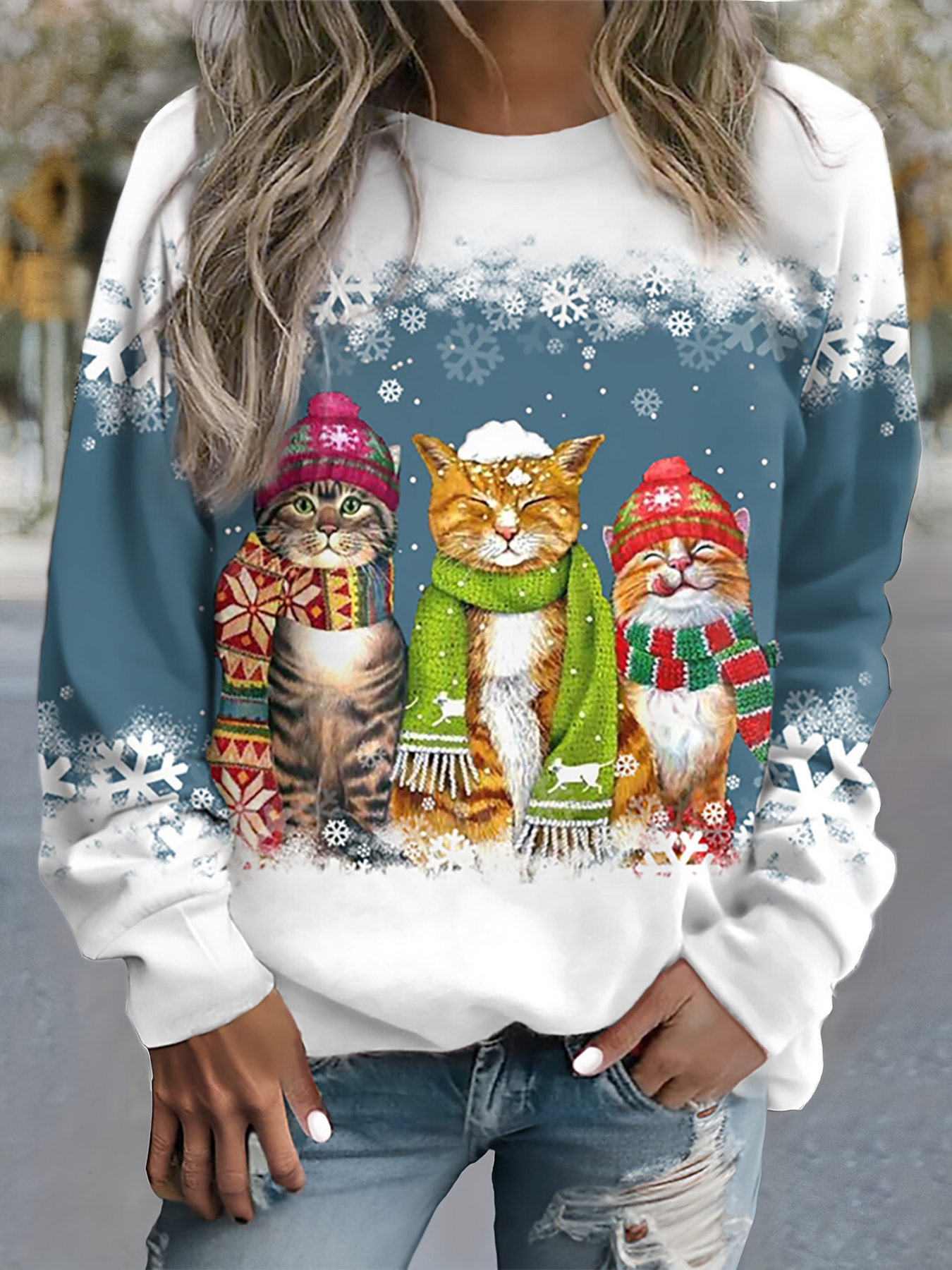 Nele - Warmes Winter Top Mit Schneekatzen Print