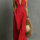 Minimalistisches, kragenloses, einreihiges, ärmelloses Maxi-Hemdkleid für Damen