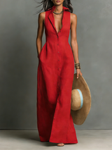 Minimalistisches, kragenloses, einreihiges, ärmelloses Maxi-Hemdkleid für Damen