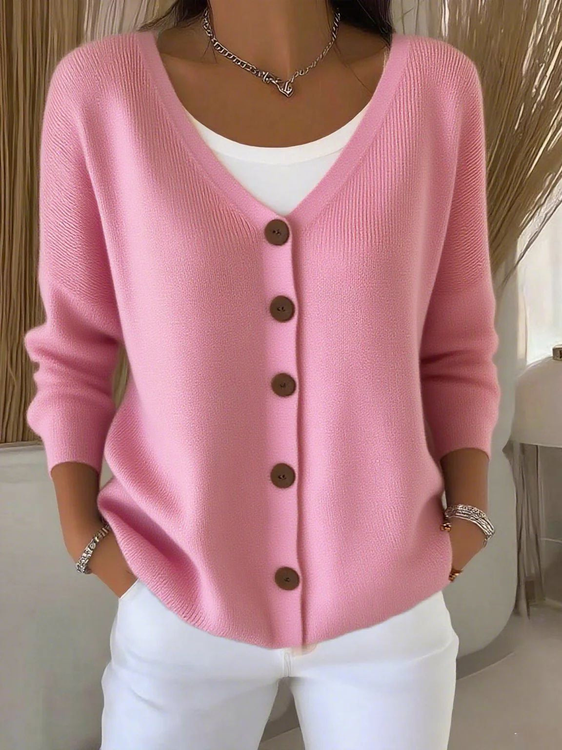 Olivia™ - Langarm V-Ausschnitt Knopf Pullover