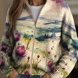 Zelda | Damen Strickjacke mit Aquarell-Landschaft und Distelmuster