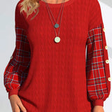 Ida | Roter Pullover mit karierten Ärmeln