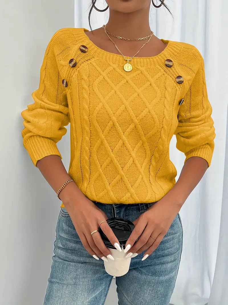Lina - Langärmeliger Pullover Mit Zopfmuster, Lässiger Pullover Mit Rundhalsausschnitt