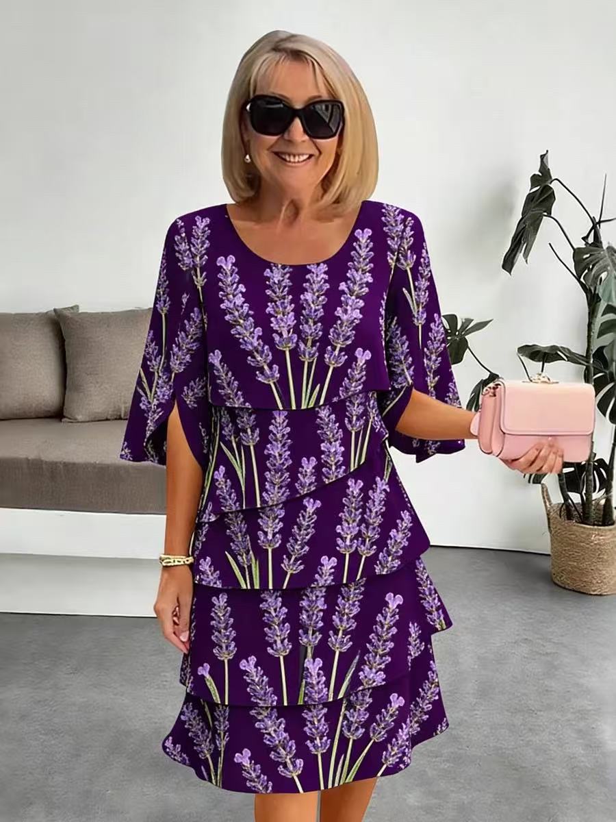 Elyvane™ - Damen Floral Rüschenkleid mit mittellangen und geschlitzten Ärmeln
