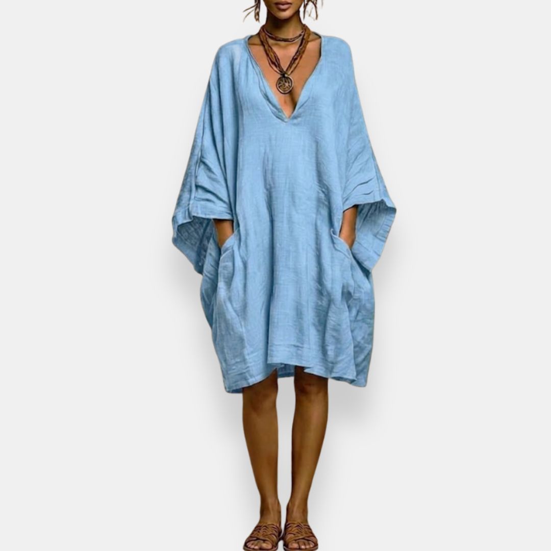 Cassienne | Damen Knielanges Kleid mit V-Ausschnitt und Taschen