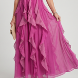 Orea | Maxikleid mit hohem Kragen und gerafften Rüschenschichten