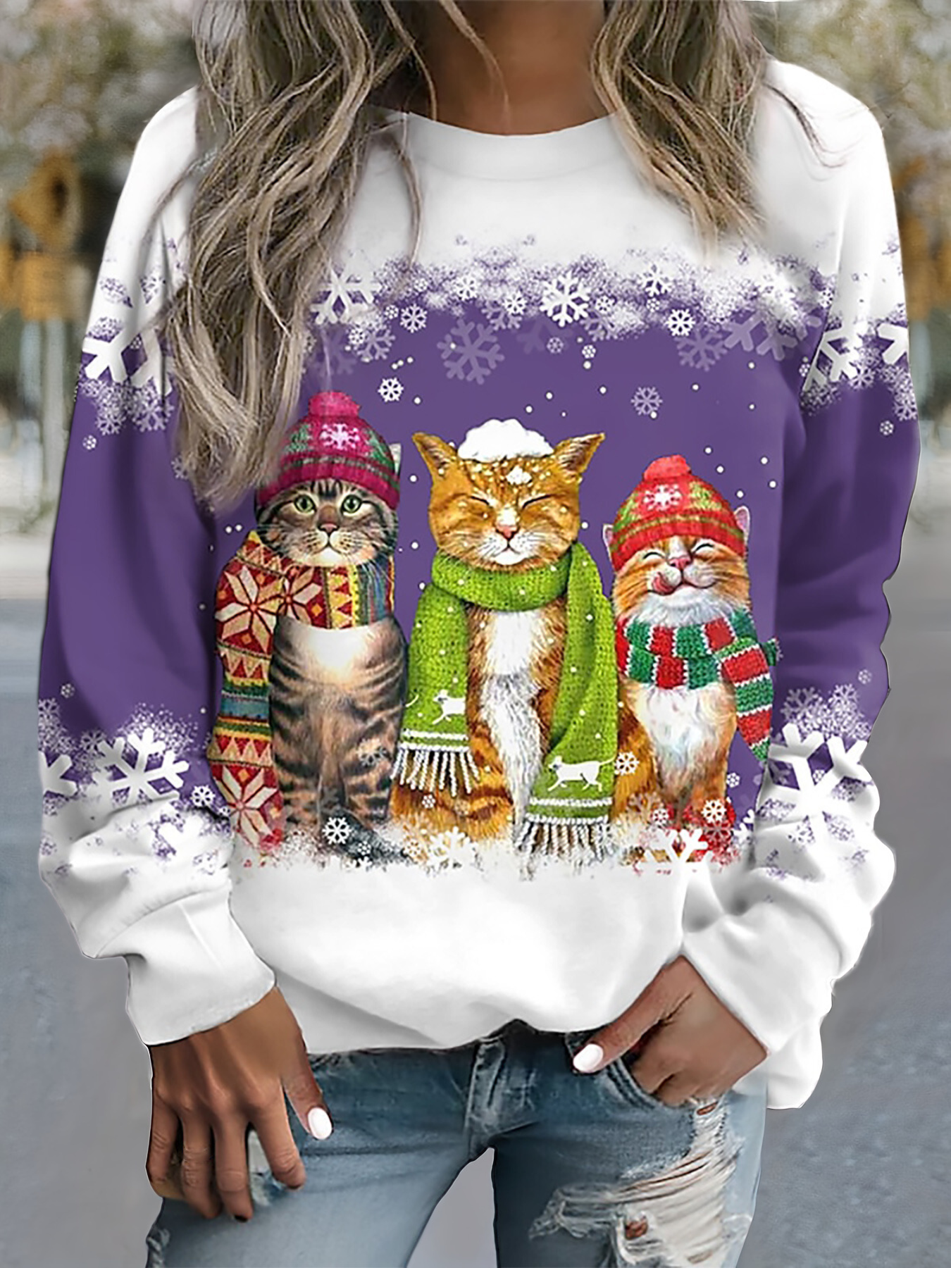 Nele - Warmes Winter Top Mit Schneekatzen Print
