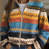 Yseult | Damen Strickjacke mit Zickzackstreifen und goldfarbenem Reißverschluss