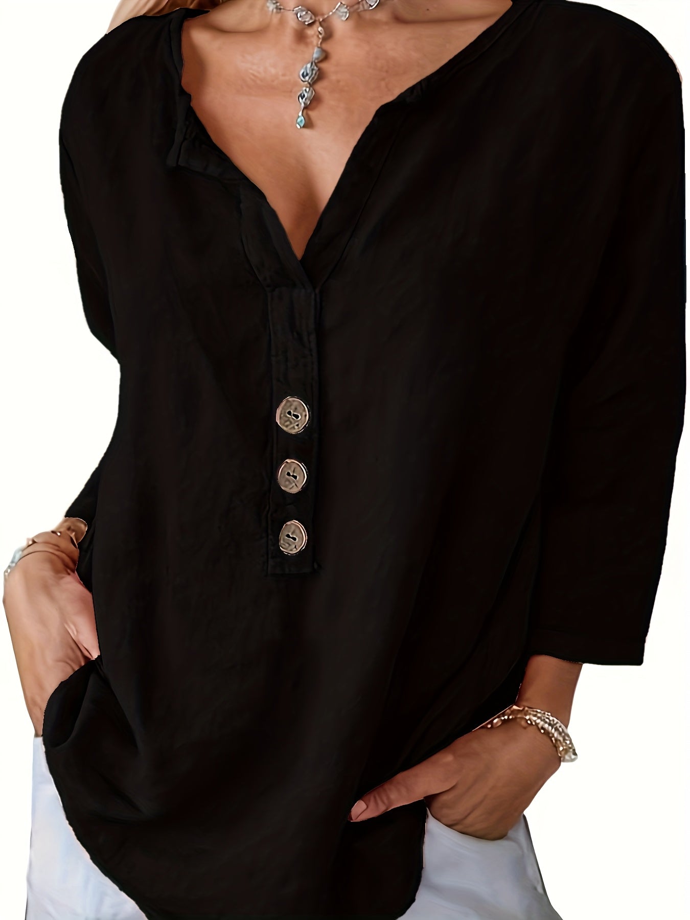 Harper™ - Lockere V-Ausschnitt Bluse mit Knöpfen