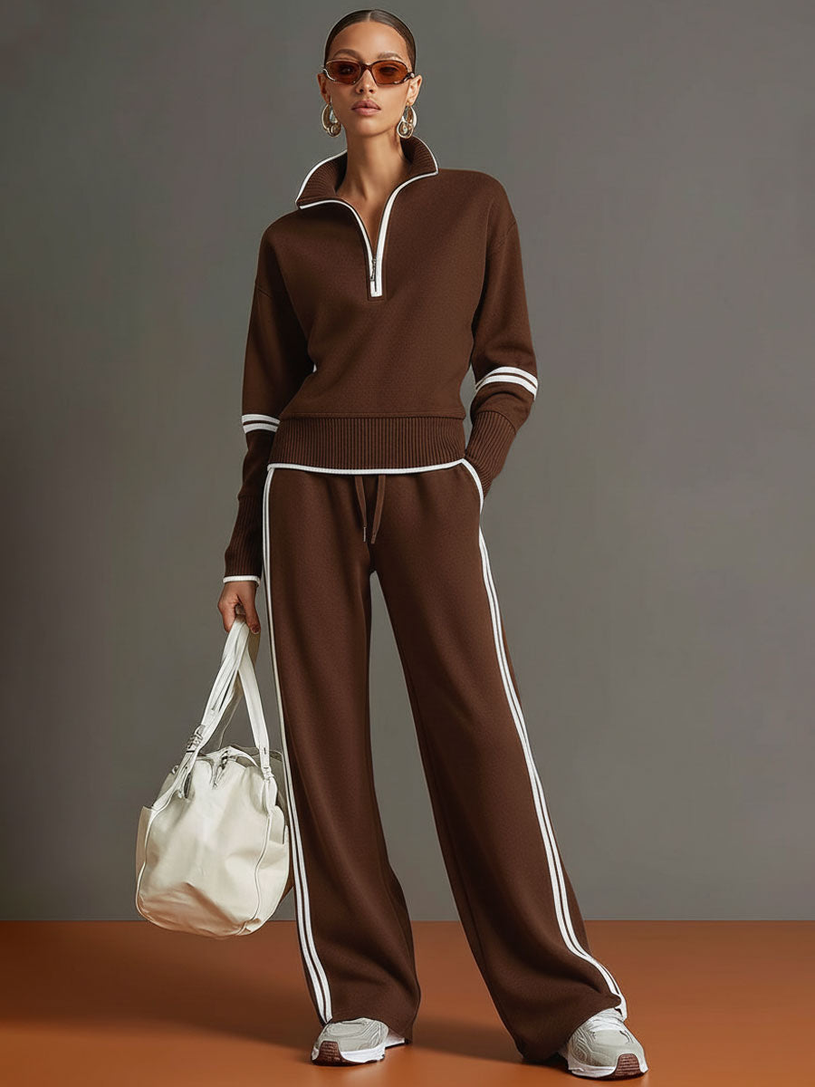 Vintage-inspirierter grauer und weißer Halbzip-Sweatshirt mit weitem Hosen-Set