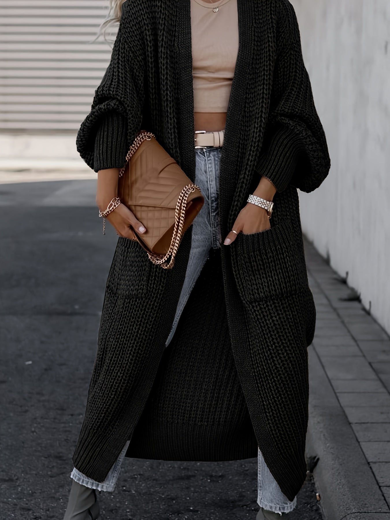 Damen Maxi Cardigan mit langen Ärmeln und Taschen