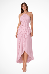 Imogen | Damen Rückenfreies Rüschensmaxikleid mit ärmellosem Halterdesign für Sommerhochzeiten