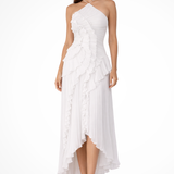 Imogen | Damen Rückenfreies Rüschensmaxikleid mit ärmellosem Halterdesign für Sommerhochzeiten