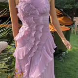 Imogen | Damen Rückenfreies Rüschensmaxikleid mit ärmellosem Halterdesign für Sommerhochzeiten