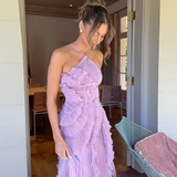 Imogen | Damen Rückenfreies Rüschensmaxikleid mit ärmellosem Halterdesign für Sommerhochzeiten