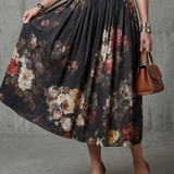 Greta | Hochgeschlossenes Schlüsselloch Blumen Falten Midi Kleid