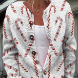 Festliches Zuckerstangen-Dekorationsmuster | Knopf-Cardigan-Pullover