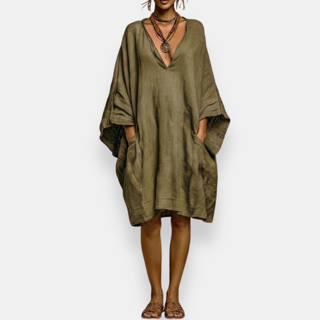 Cassienne | Damen Knielanges Kleid mit V-Ausschnitt und Taschen