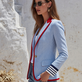 Gestreifter Damen-Blazer mit langen Ärmeln, Taschen und Knöpfen