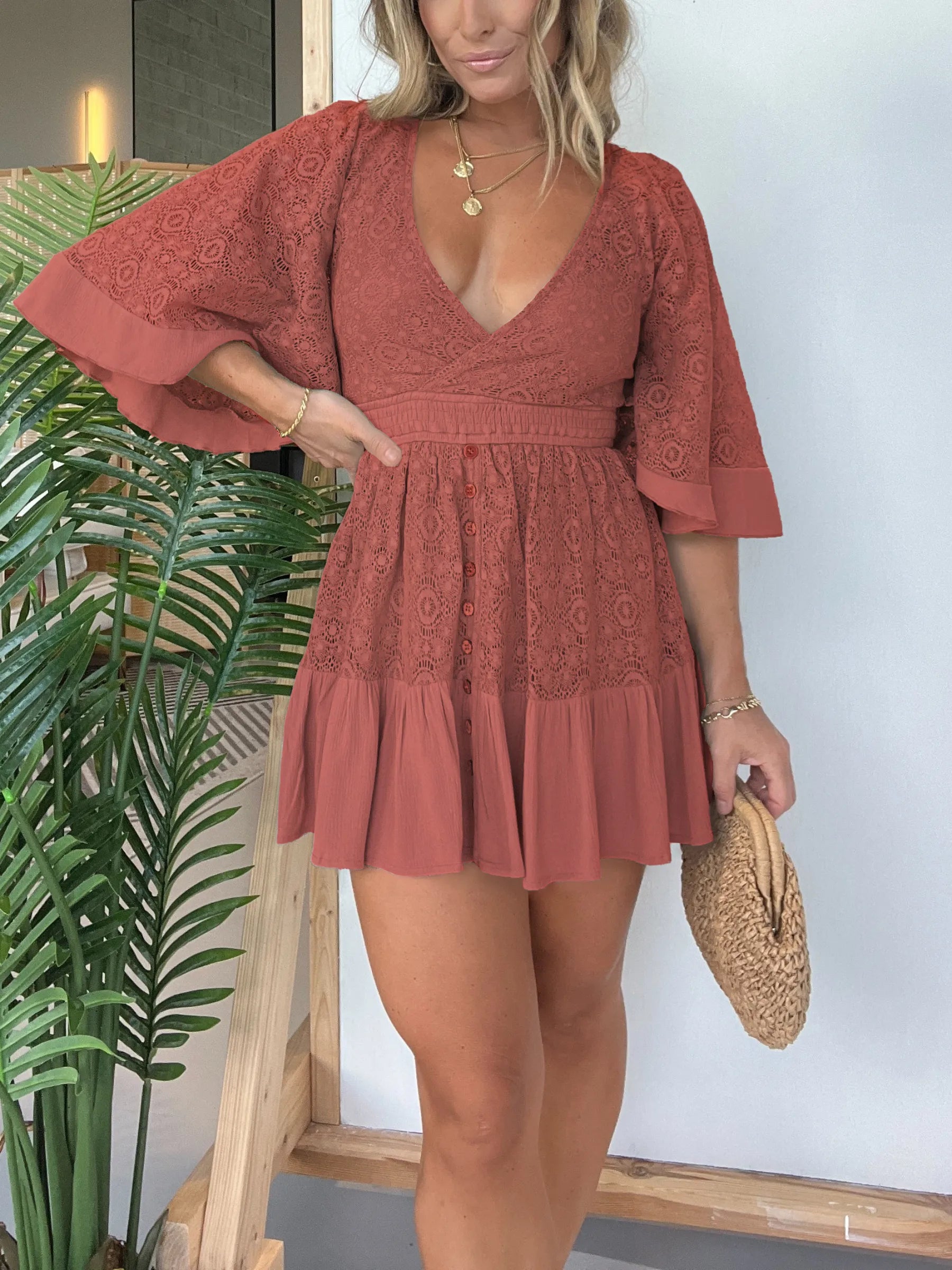 Pink Laura™ - Spitzen-Crochet-Overall-Kleid