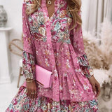 V-Ausschnitt Floral A-Linie Kleid mit 3/4 Ärmeln, Oberschenkellänge