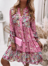V-Ausschnitt Floral A-Linie Kleid mit 3/4 Ärmeln, Oberschenkellänge