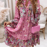 V-Ausschnitt Floral A-Linie Kleid mit 3/4 Ärmeln, Oberschenkellänge