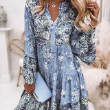 V-Ausschnitt Floral A-Linie Kleid mit 3/4 Ärmeln, Oberschenkellänge