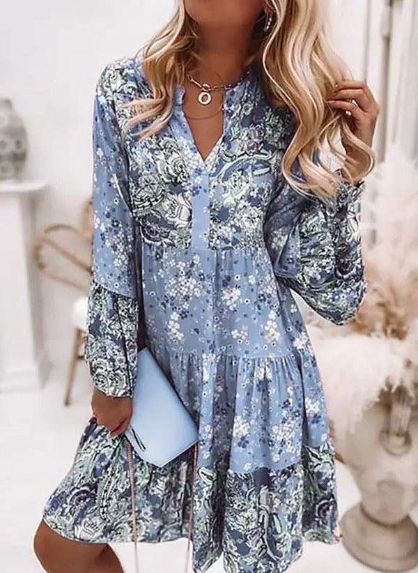 V-Ausschnitt Floral A-Linie Kleid mit 3/4 Ärmeln, Oberschenkellänge