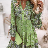 V-Ausschnitt Floral A-Linie Kleid mit 3/4 Ärmeln, Oberschenkellänge