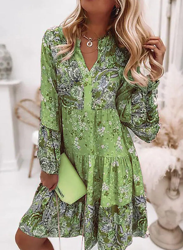 V-Ausschnitt Floral A-Linie Kleid mit 3/4 Ärmeln, Oberschenkellänge