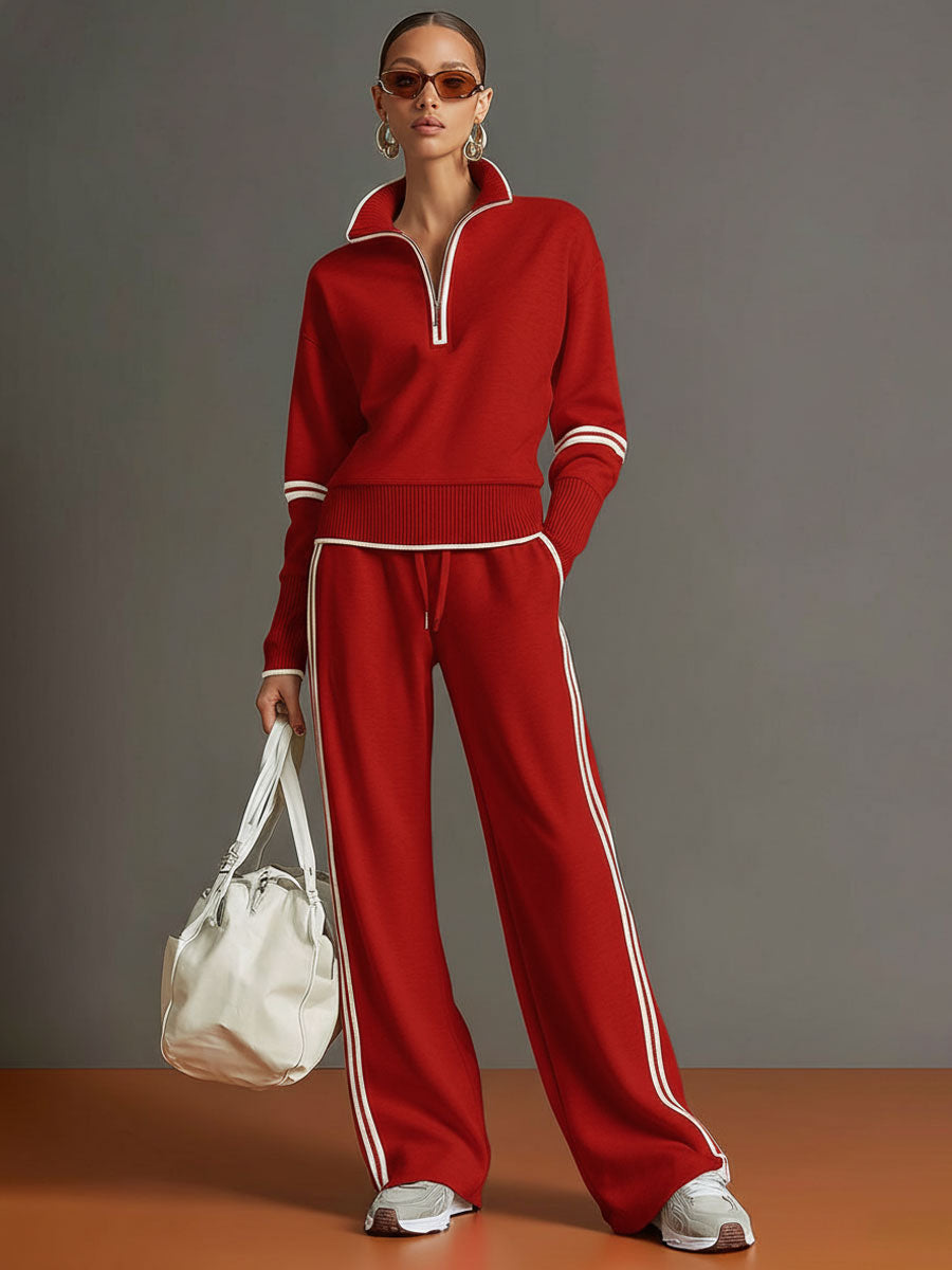 Vintage-inspirierter grauer und weißer Halbzip-Sweatshirt mit weitem Hosen-Set