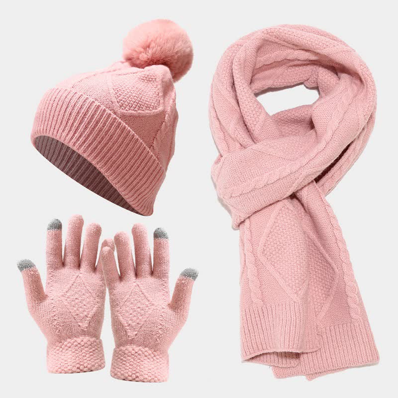 Damen Strickset mit Mütze, Schal und Handschuhen