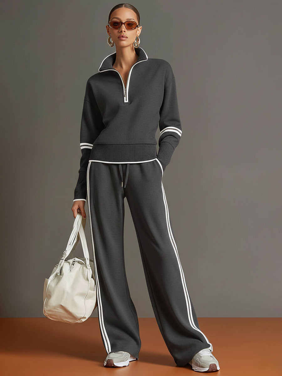 Vintage-inspirierter grauer und weißer Halbzip-Sweatshirt mit weitem Hosen-Set