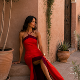 Damen Maxikleid mit Neckholder und Seitenschlitz