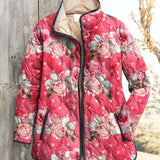 Damen Charmante Rosa Blumen Kunst Gedruckte Casual Steppjacke