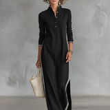 Minimalistisches Sweatshirtkleid für Damen mit weißem Kragen und Knopfleiste