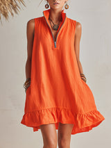 Helles Orange Leinen Halb-Reißverschluss Mini-Kleid mit Rüschensaum und Stehkragen