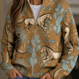 Damen Strickjacke mit Wüstenpferd- und Kaktusmuster und Reißverschluss