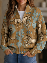 Damen Strickjacke mit Wüstenpferd- und Kaktusmuster und Reißverschluss